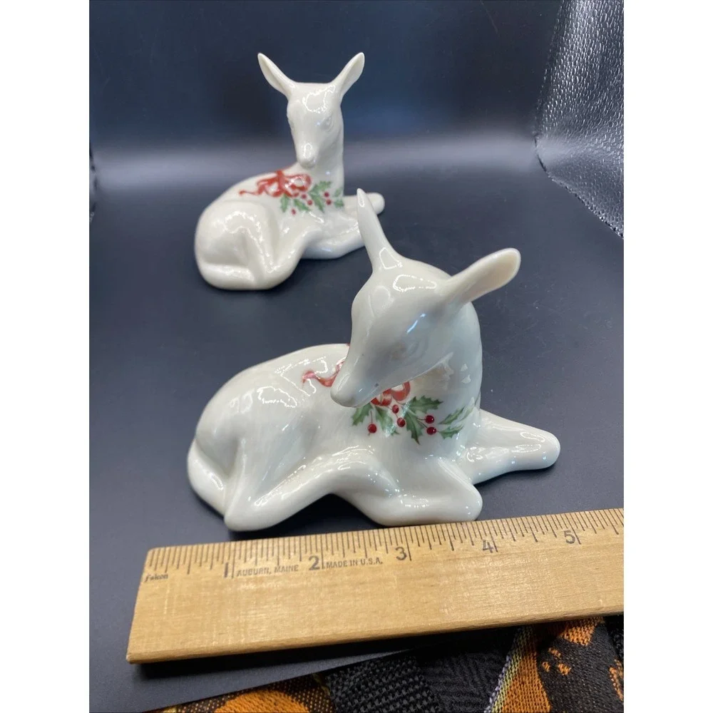 Pair Of Lenox Holiday Deer China Jewels Collection Vintage 1993 Holly BerriesHTF